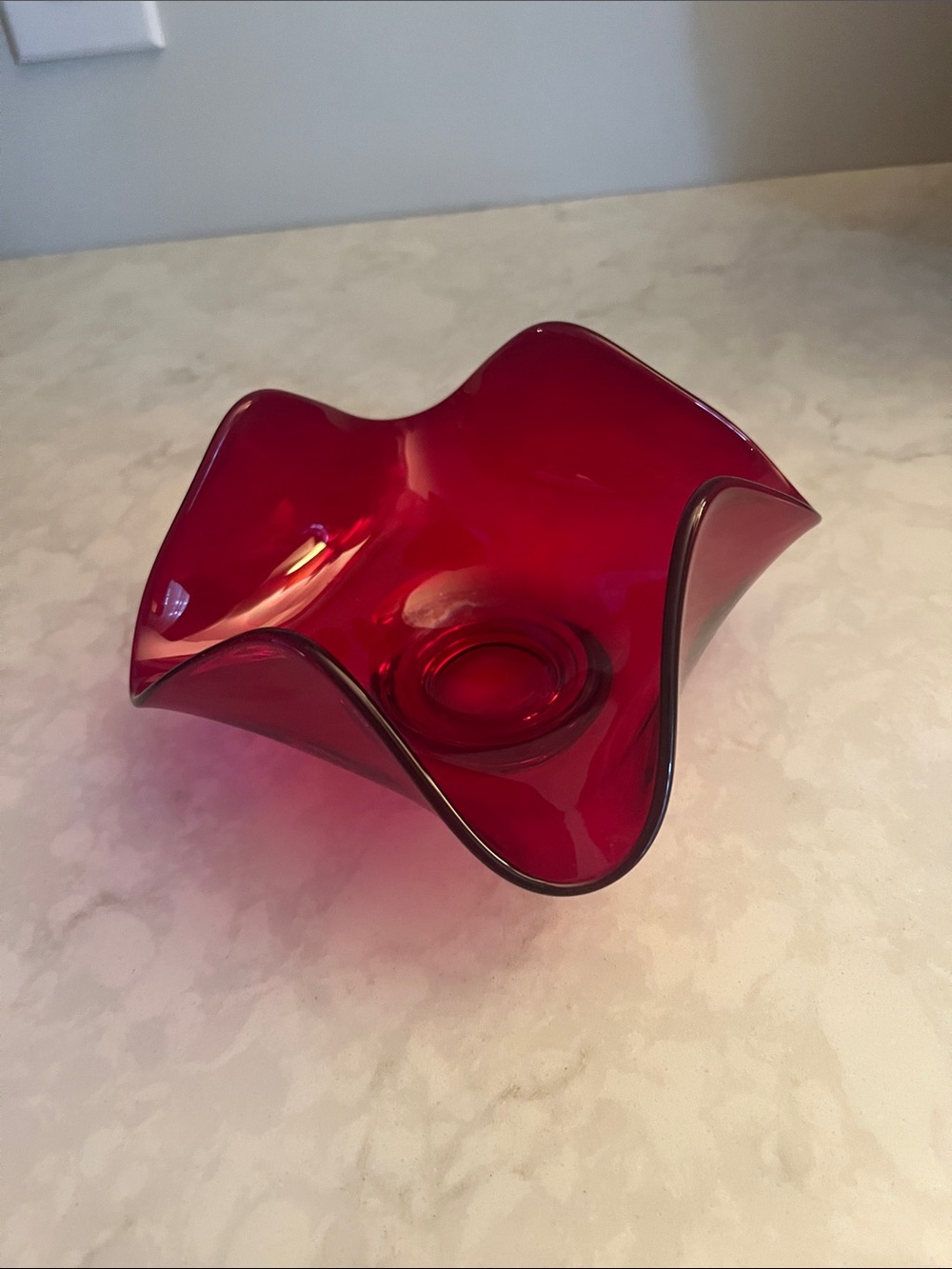 Vintage MCM Viking Ruby Red art Glass Bowl handkerchief Four point design